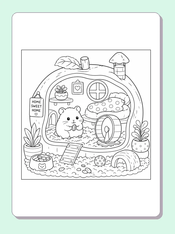 Hamster holding a seed inside an acorn house with spotted bed and wheel