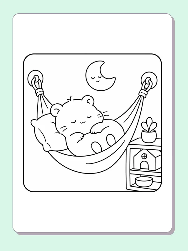 Sleeping hamster curled in a hanging hammock beneath a crescent moon