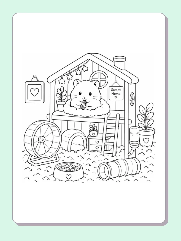 Hamster holding a seed on an upper loft above its exercise wheel