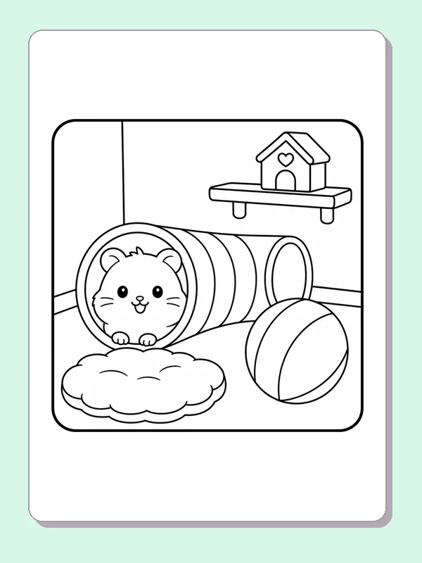 Hamster peeking from a striped tunnel beside a ball and cushion