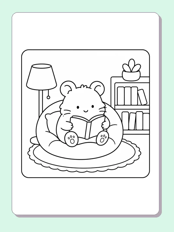 Hamster reading a little book on a cushion near a lamp and shelf