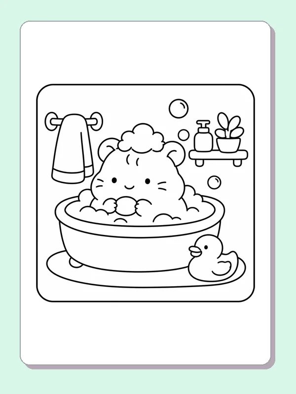 Hamster bathing in a bubbly tub beside a rubber duck and towel