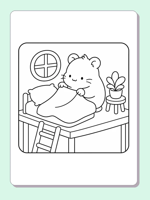 Hamster tucking into a raised bed with blanket, ladder and window