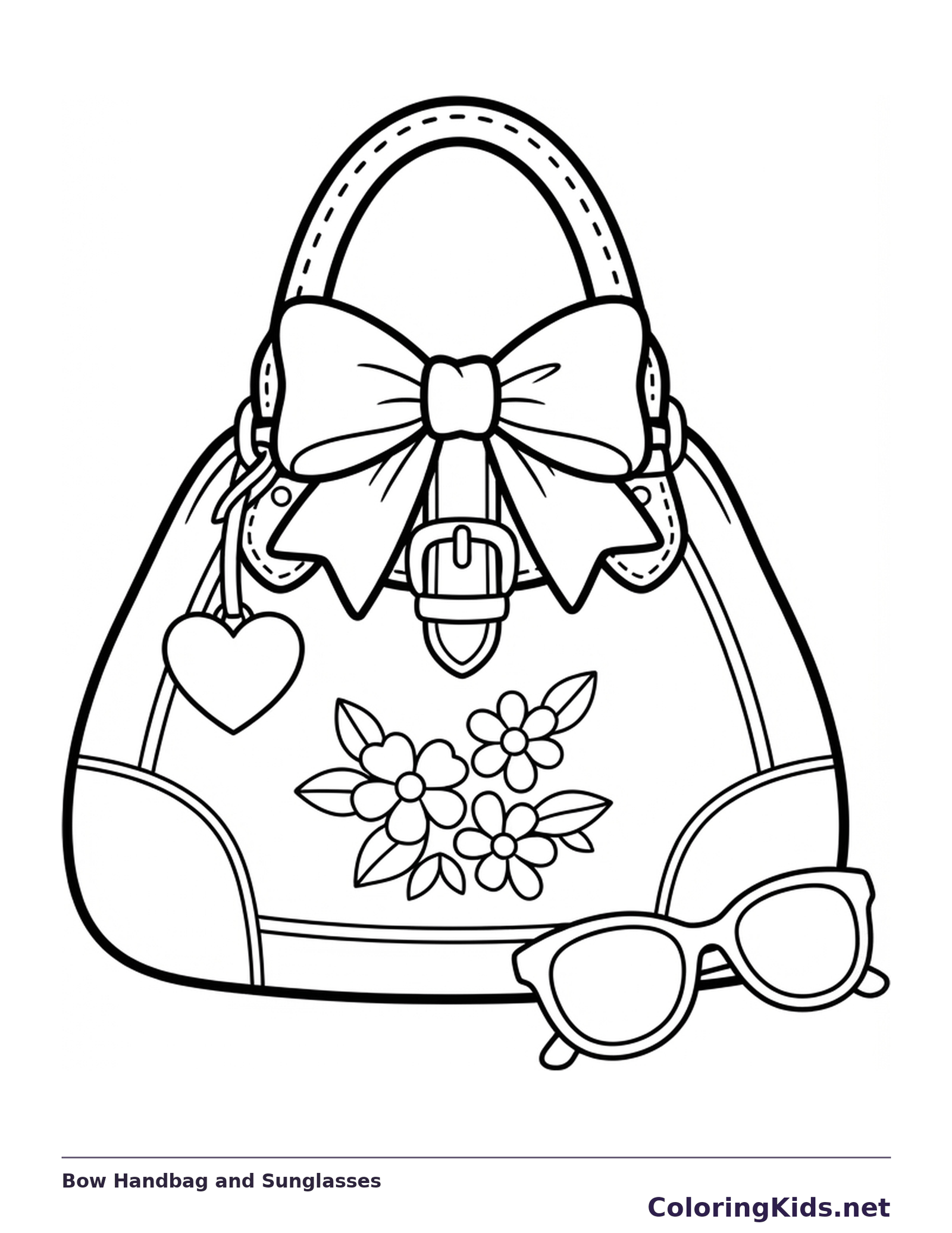 A handbag decorated with a large bow, flowers and heart charm beside sunglasses.