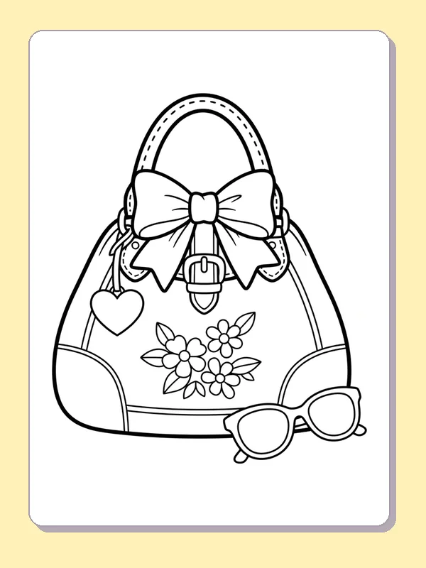 A handbag decorated with a large bow, flowers and heart charm beside sunglasses.