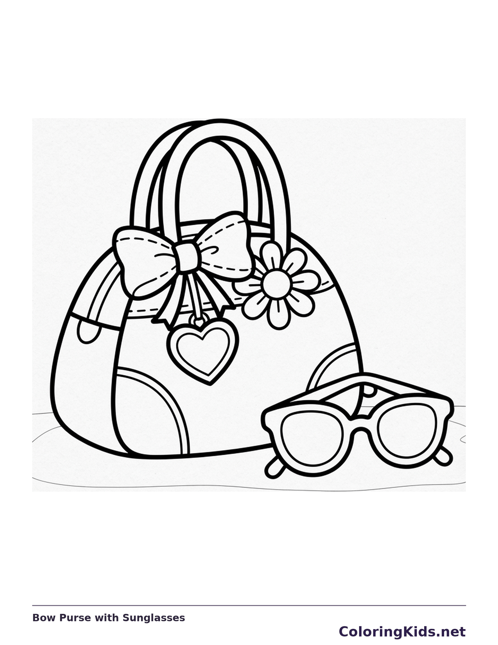 Large bow handbag with a flower charm and heart tag standing beside sunglasses.