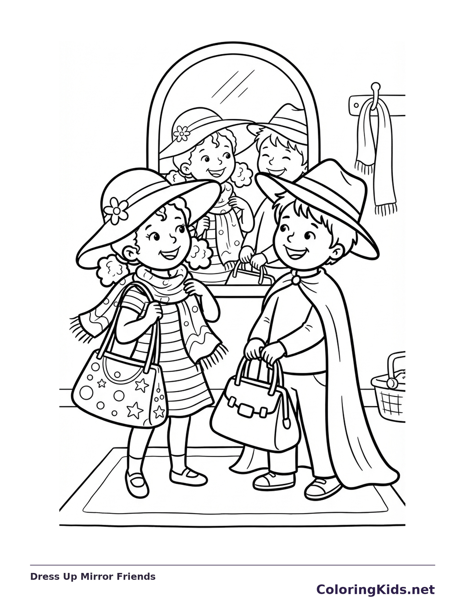 Two children in hats with handbags posing in front of a full-length mirror.