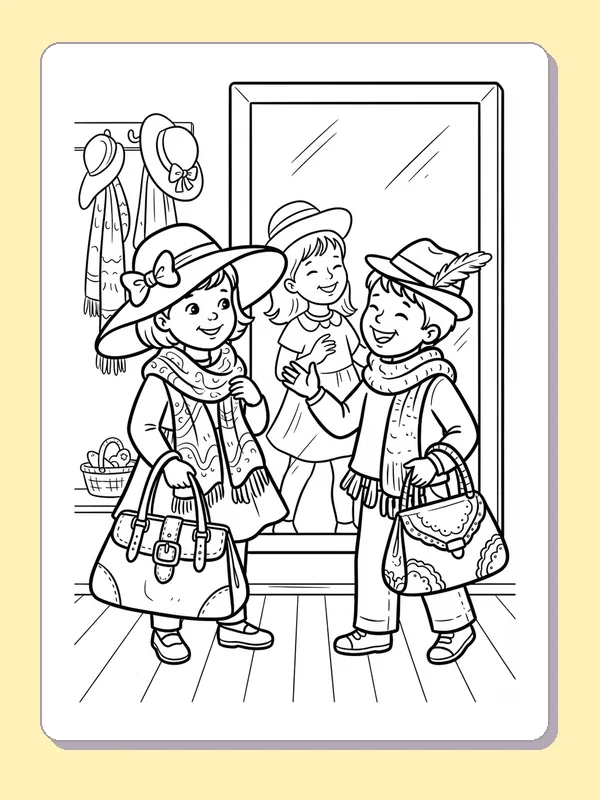Two children wearing hats and carrying handbags in front of a tall dressing mirror.