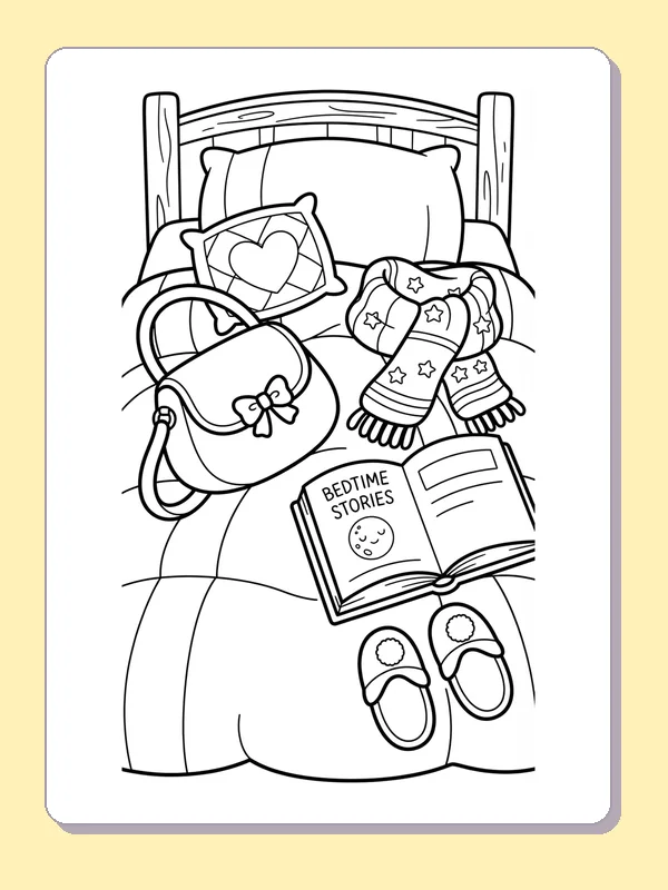 A handbag resting on a bed beside a scarf, slippers, open book and pillows.