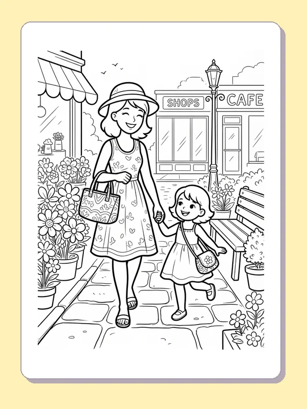 A parent and child strolling with handbags on a paved street near a cafe.