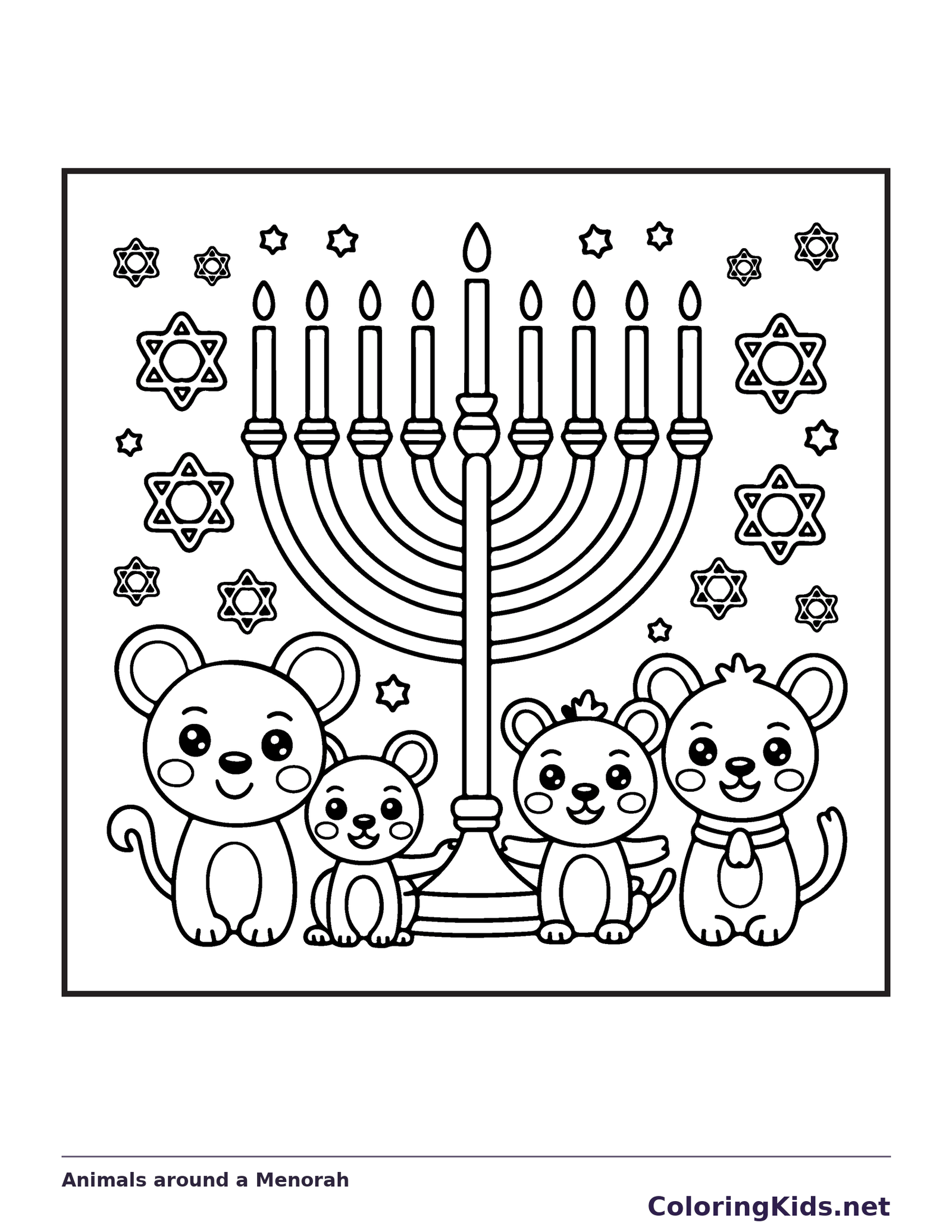 Four cartoon animals sitting around nine-branched menorah and stars