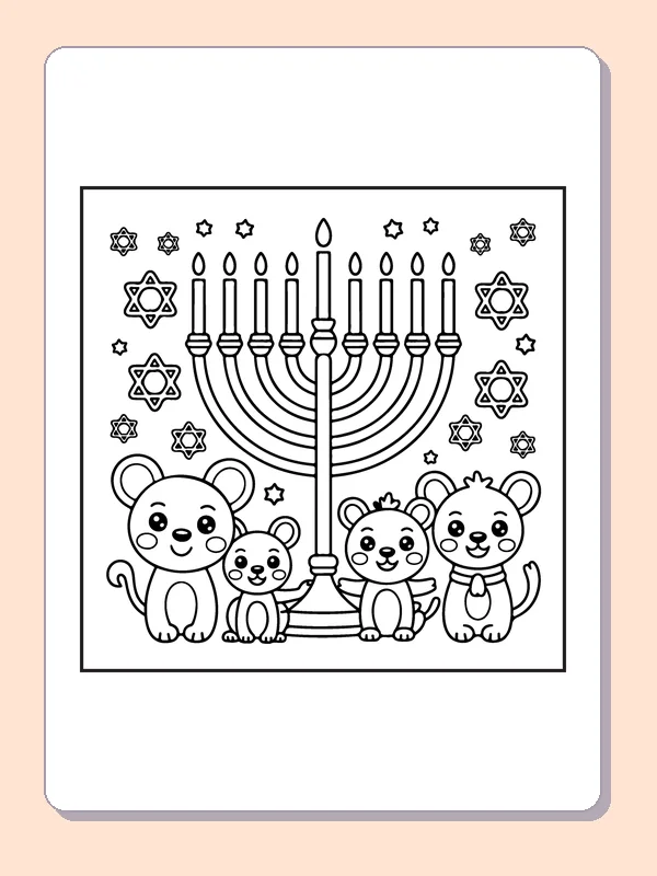 Four cartoon animals sitting around nine-branched menorah and stars