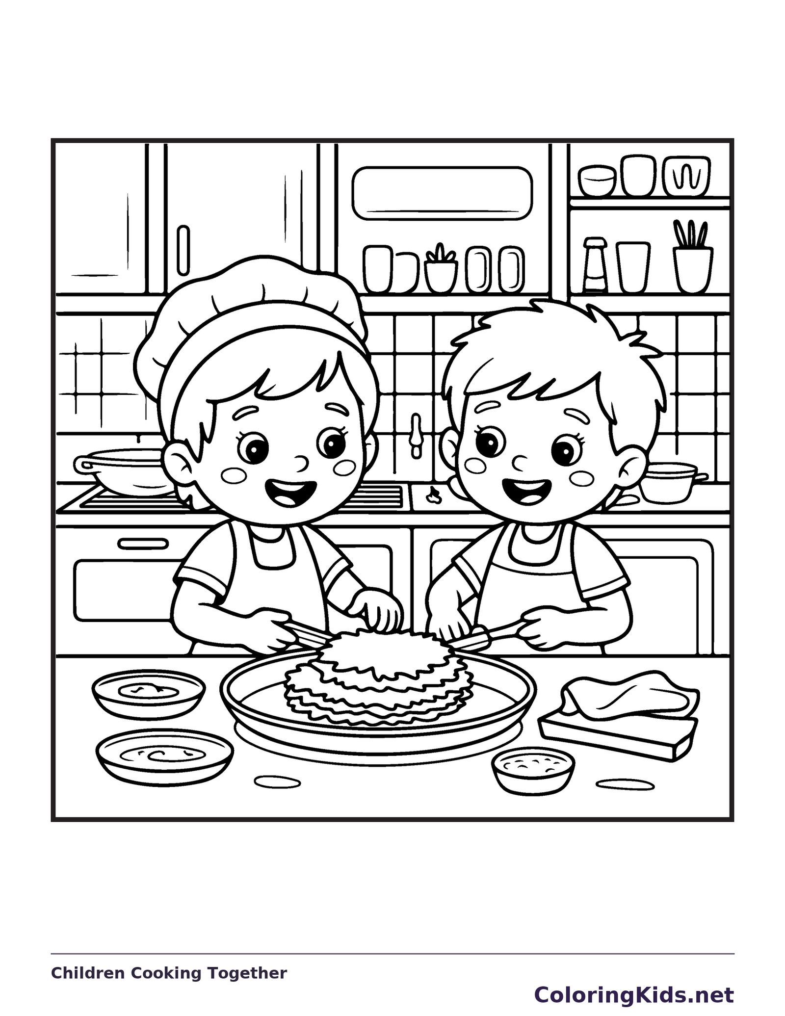 Two children preparing food together at kitchen counter with dishes