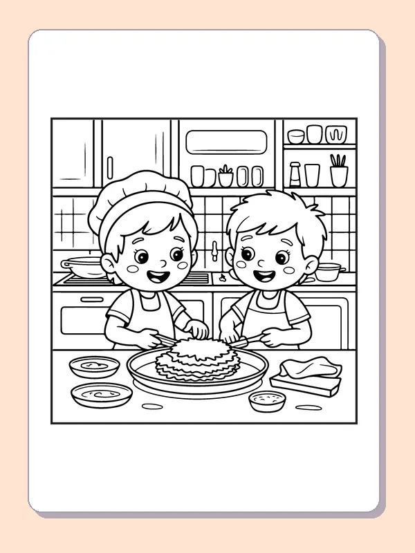 Two children preparing food together at kitchen counter with dishes