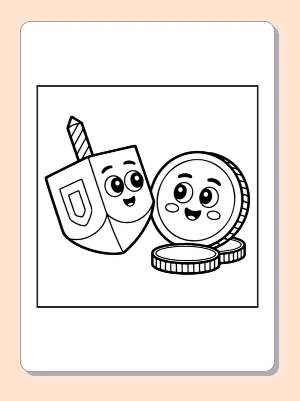 Smiling dreidel beside large coin-like gelt and stacked round coins