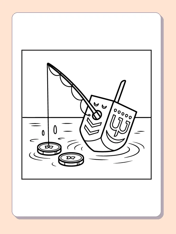 Tilted dreidel spinning next to two coins and curved motion marks