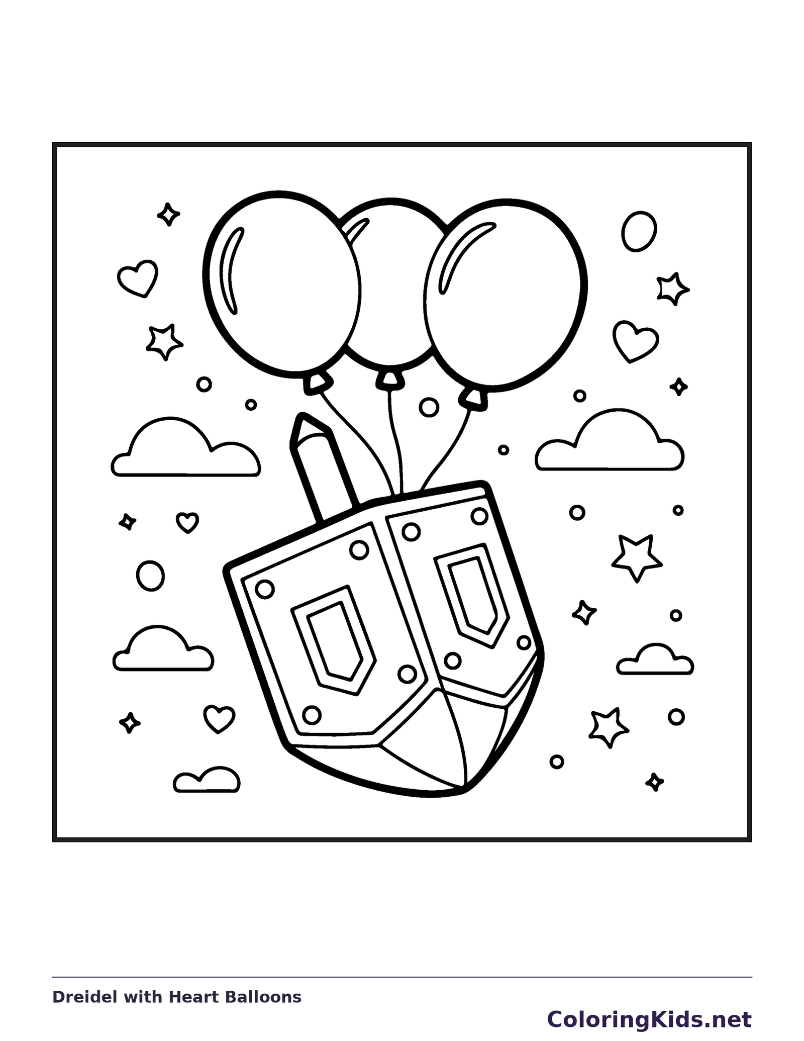 Dreidel below heart balloons with clouds, hearts and small stars
