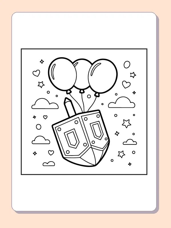 Dreidel below heart balloons with clouds, hearts and small stars