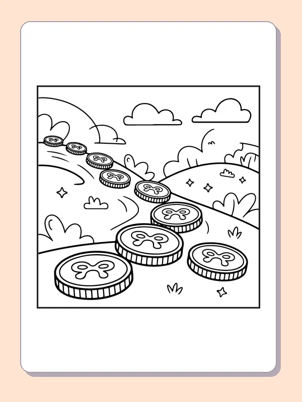 Coin-like gelt pieces spaced along winding path beneath clouds