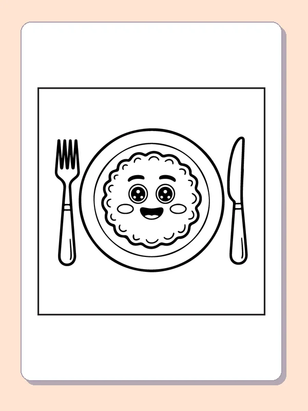 Smiling round latke on plate with fork and knife on either side