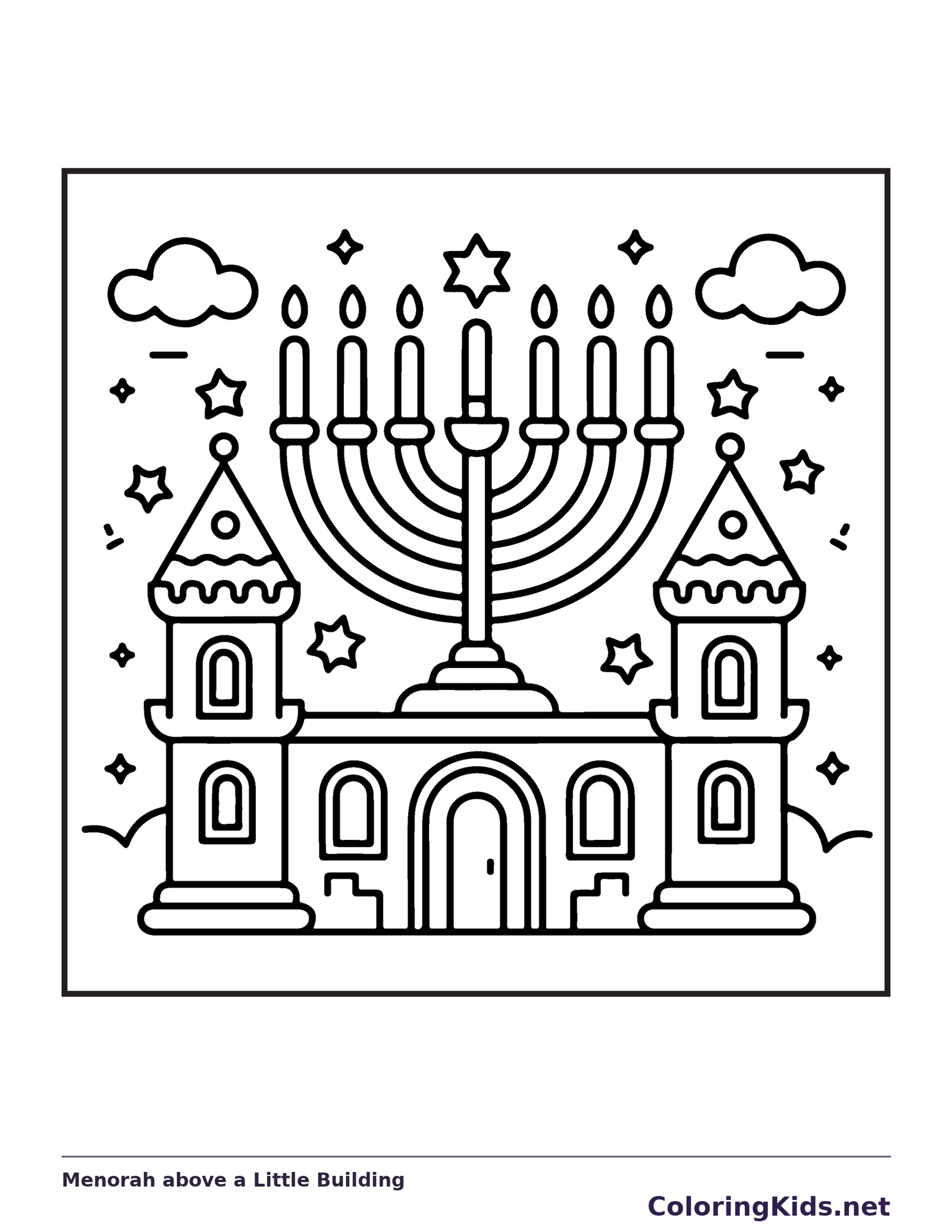 Nine-branched menorah over small two-tower building and stars
