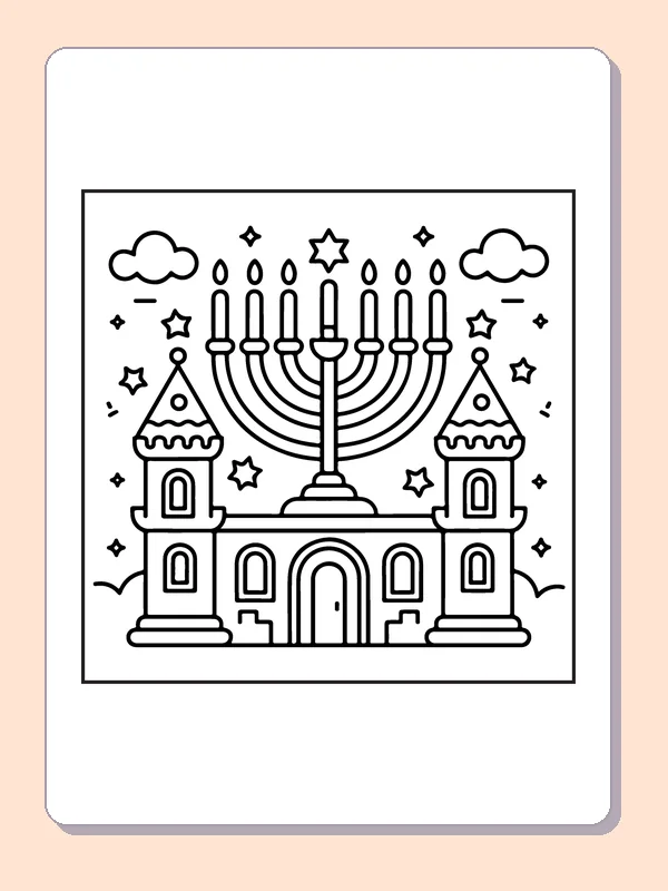 Nine-branched menorah over small two-tower building and stars