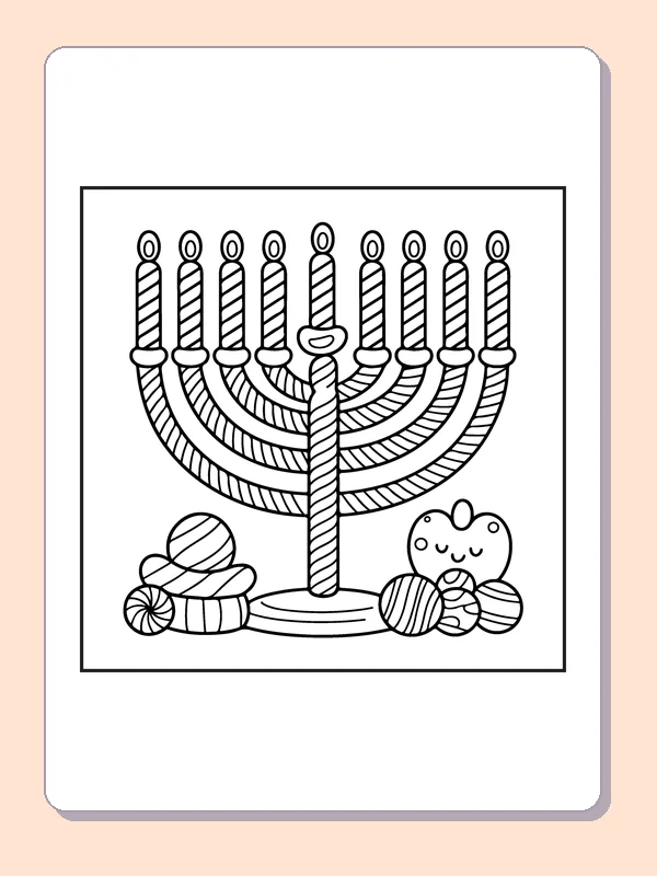 Nine-branched menorah with dreidels and small smiling figure at base