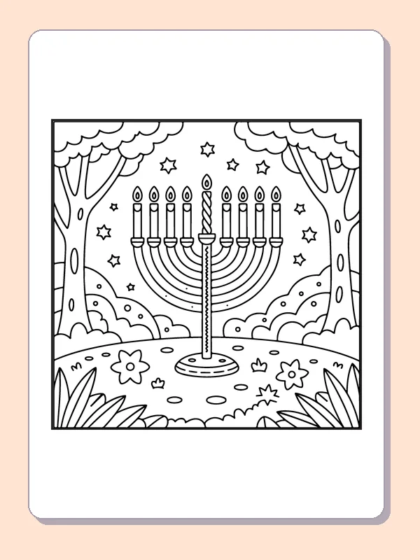 Hanukkah menorah between two trees in flower-filled garden under stars
