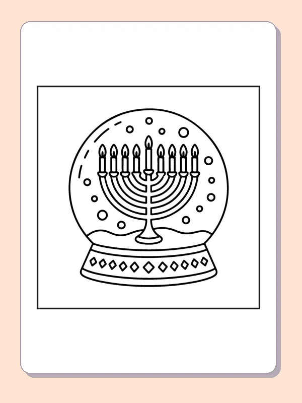 Hanukkah menorah inside round snow globe with falling dot pattern