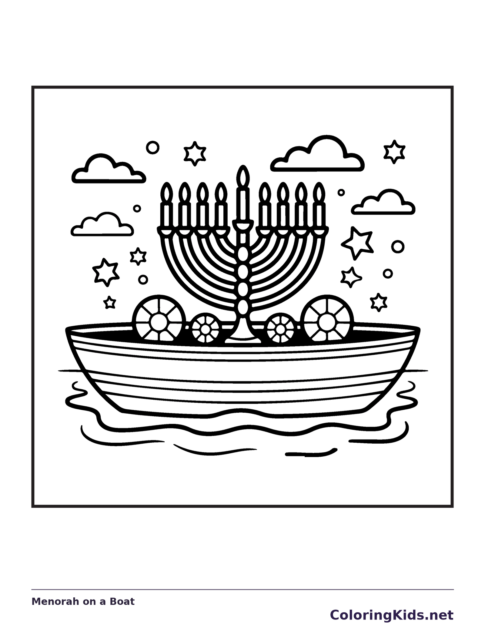 Hanukkah menorah standing in small boat over stylized waves and clouds
