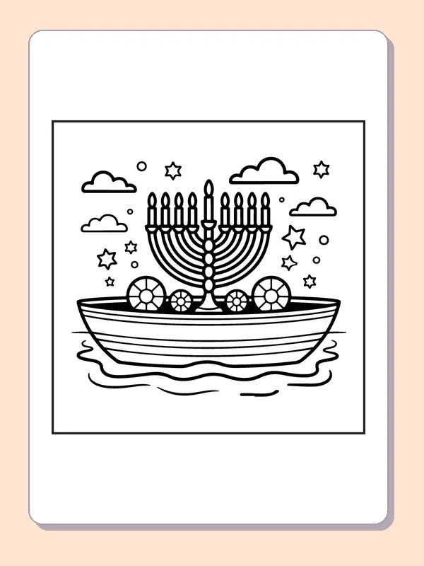 Hanukkah menorah standing in small boat over stylized waves and clouds