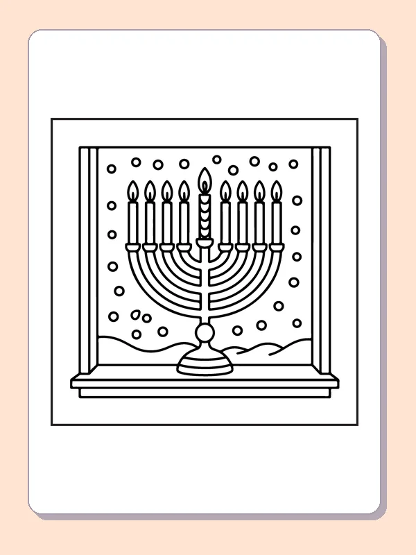 Hanukkah menorah in window frame with falling dots and low sill