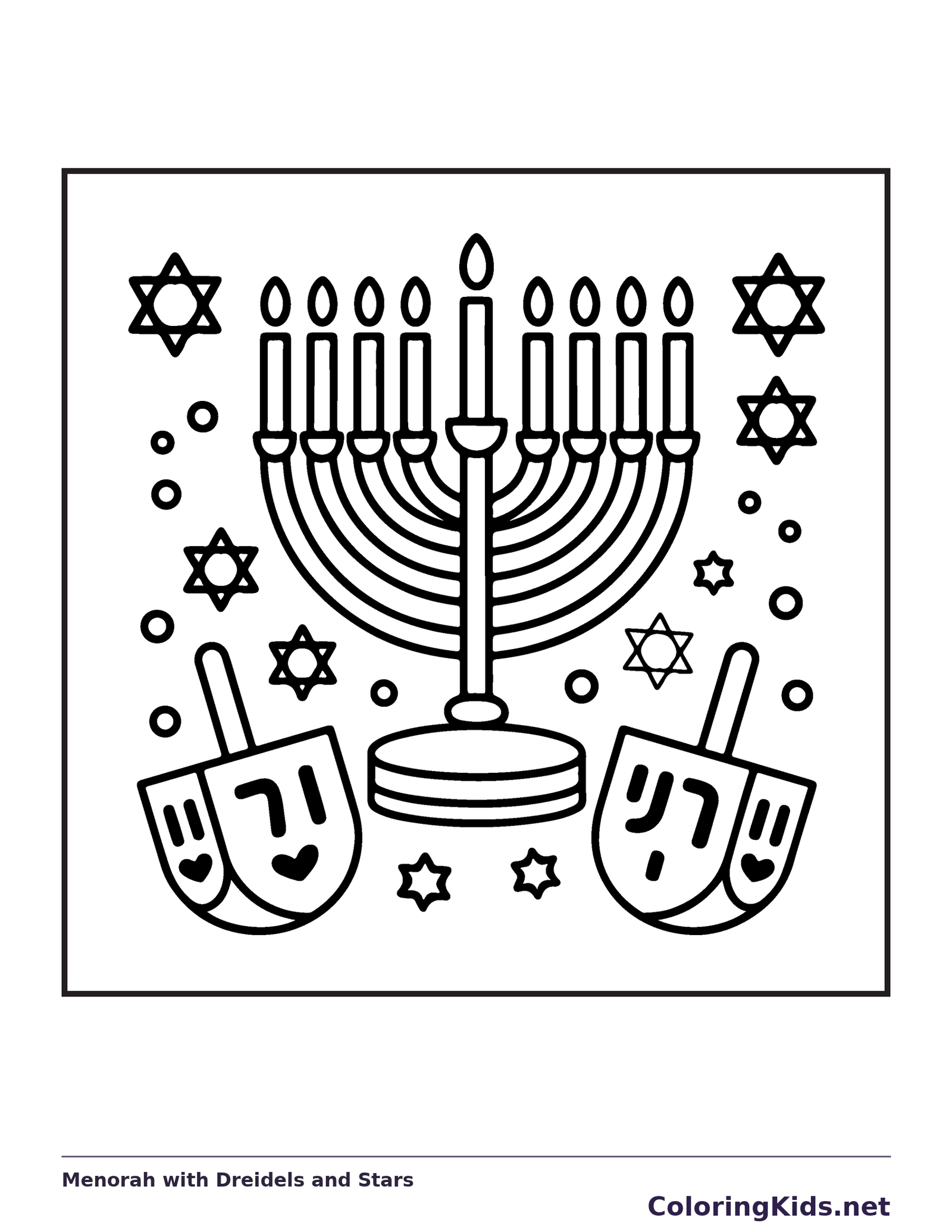 Nine-branched Hanukkah menorah with two dreidels and six-point stars