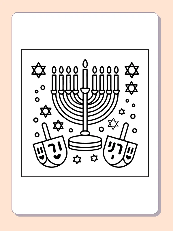 Menorah with Dreidels and Stars coloring page preview