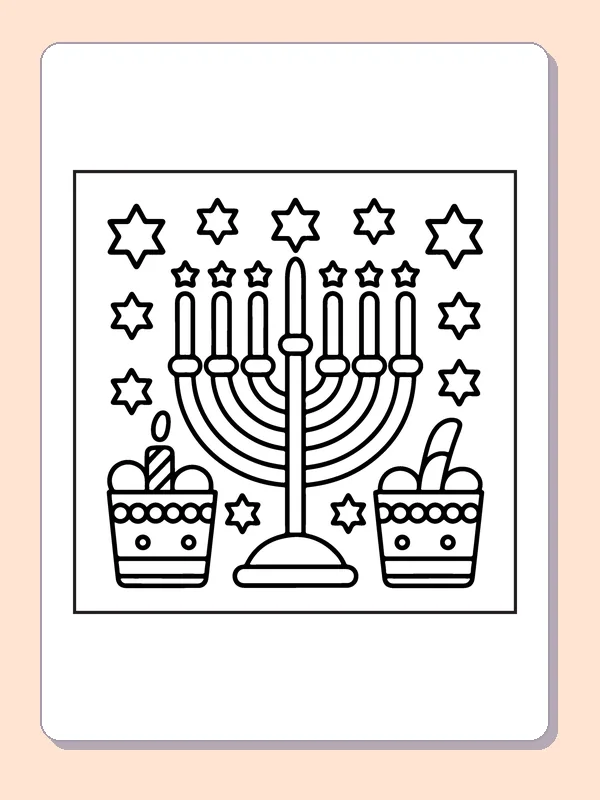 Hanukkah menorah between two wrapped gifts beneath six-point stars