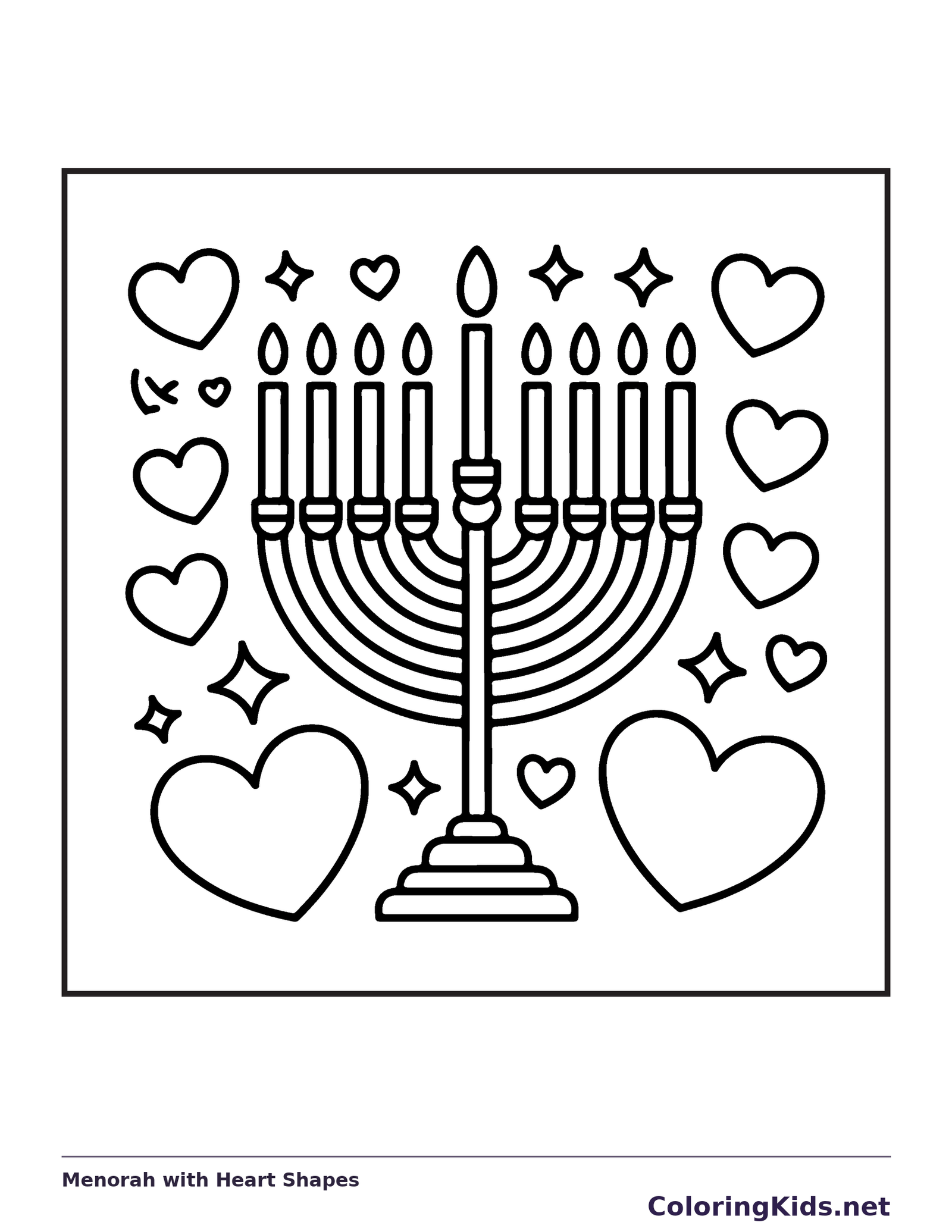 Hanukkah menorah surrounded by hearts and small four-point stars