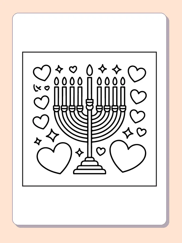 Hanukkah menorah surrounded by hearts and small four-point stars