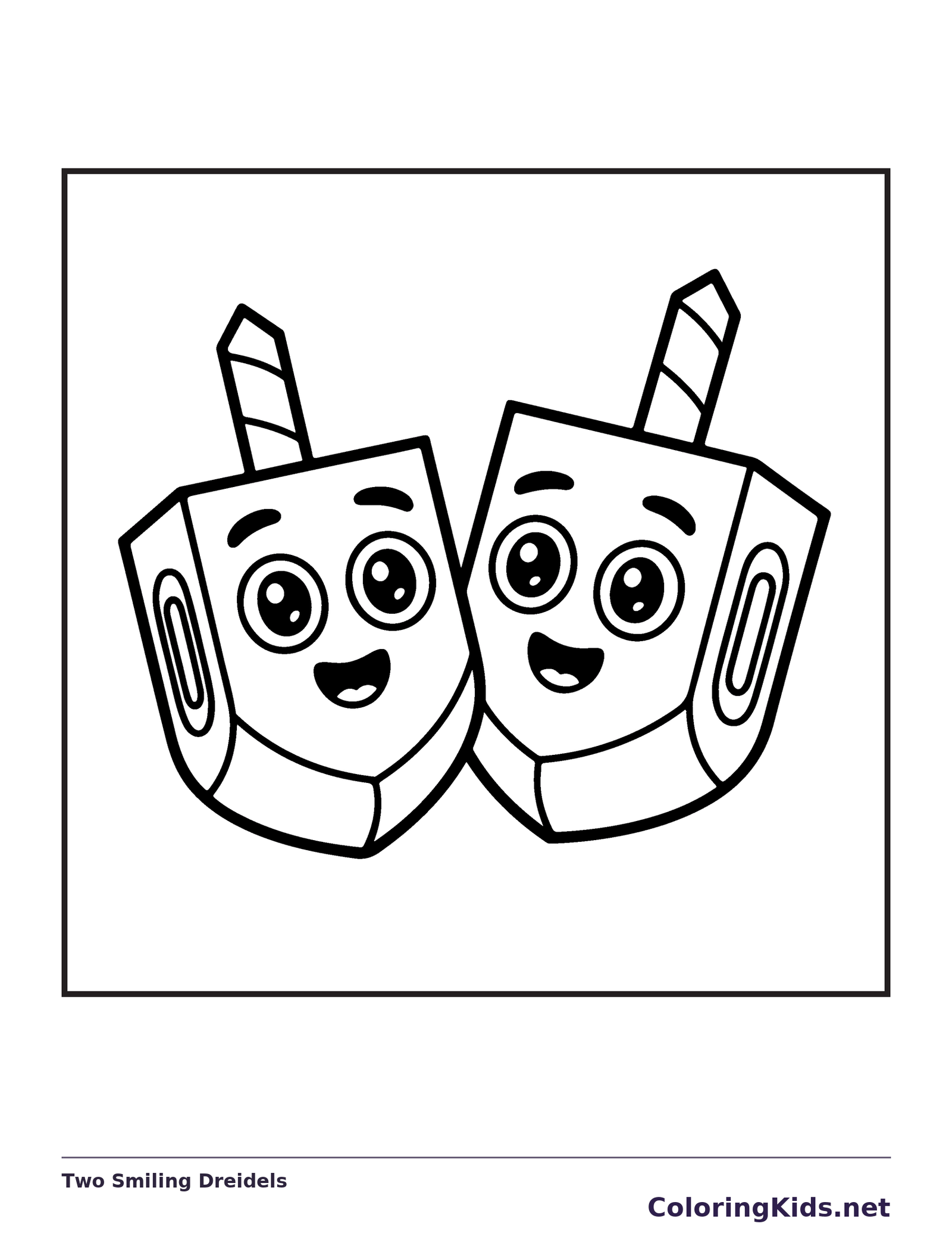 Two smiling dreidel characters leaning together on white background