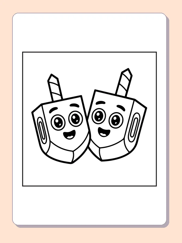 Two smiling dreidel characters leaning together on white background
