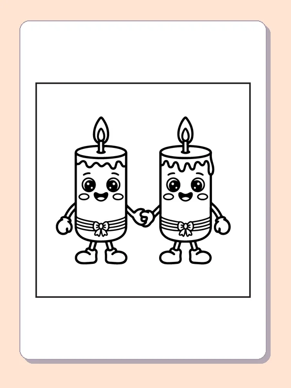 Two smiling lit candle characters holding hands on plain background