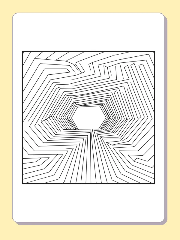 Black and white printable angular tunnel illusion coloring sheet