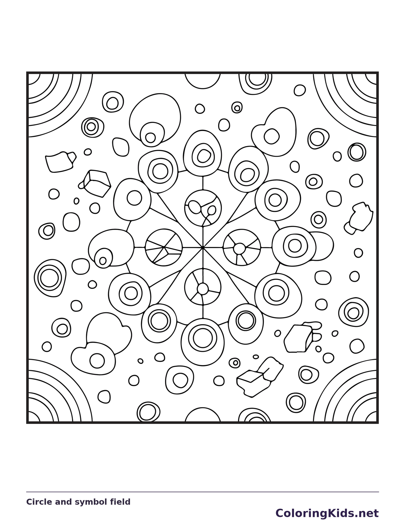 Black and white printable circle and symbol field coloring sheet