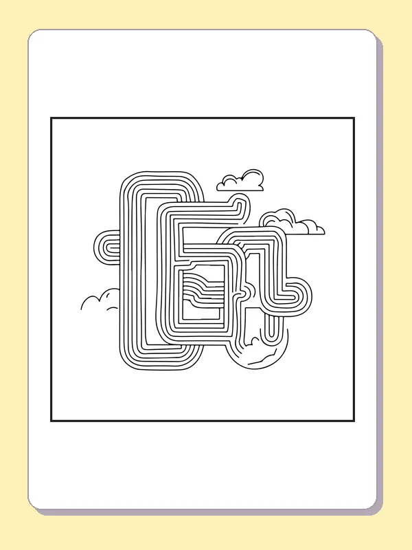 Black and white printable cloud-line maze coloring sheet