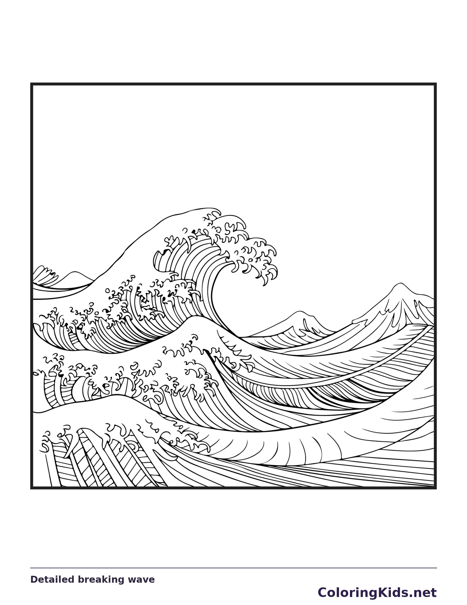 Black and white printable detailed breaking wave coloring sheet