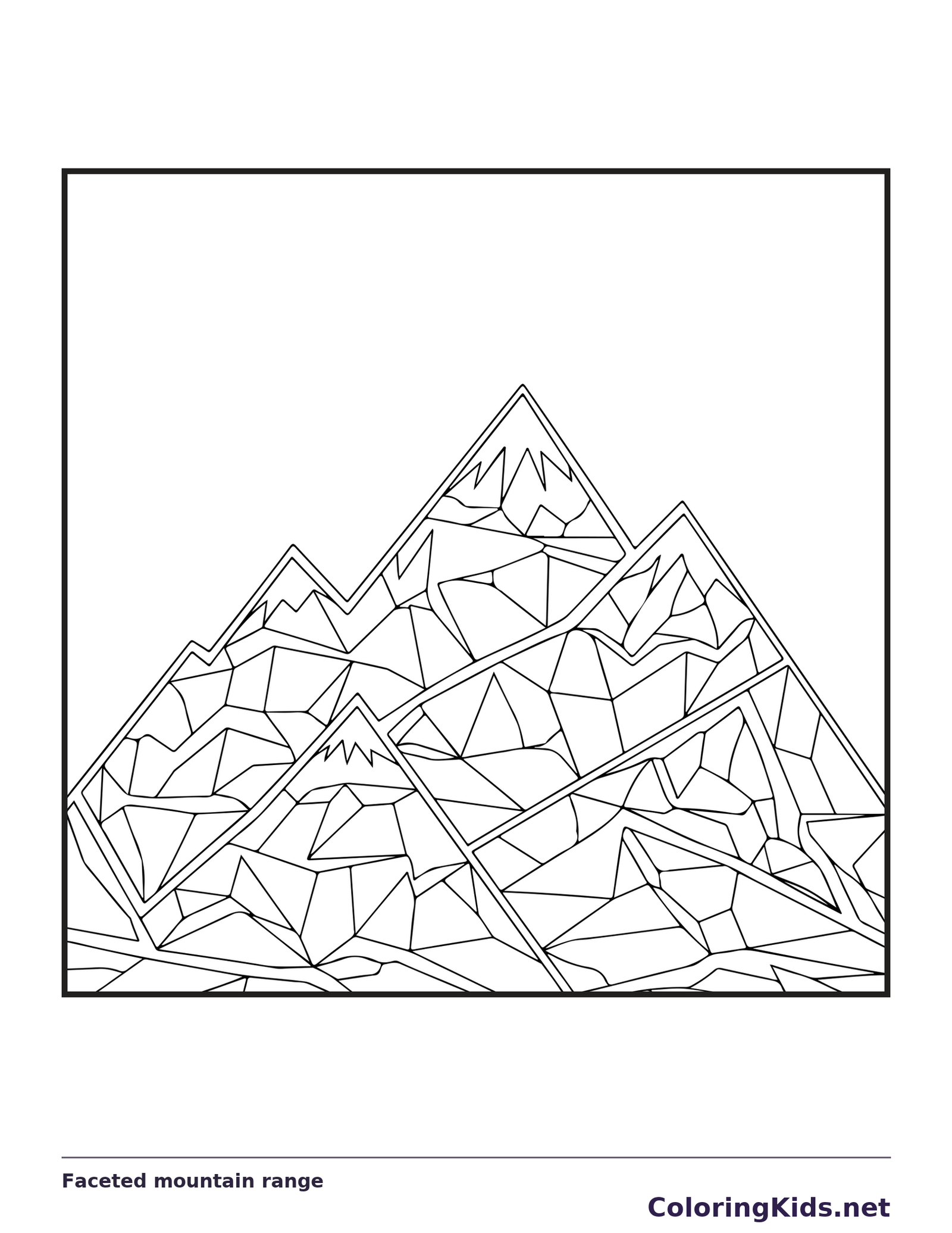 Black and white printable faceted mountain range coloring sheet