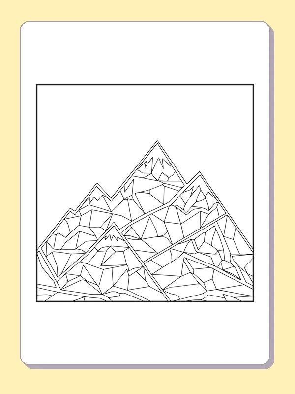 Black and white printable faceted mountain range coloring sheet