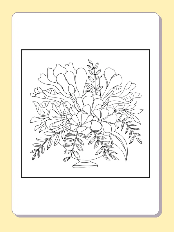 Black and white printable flower bouquet in a vase coloring sheet
