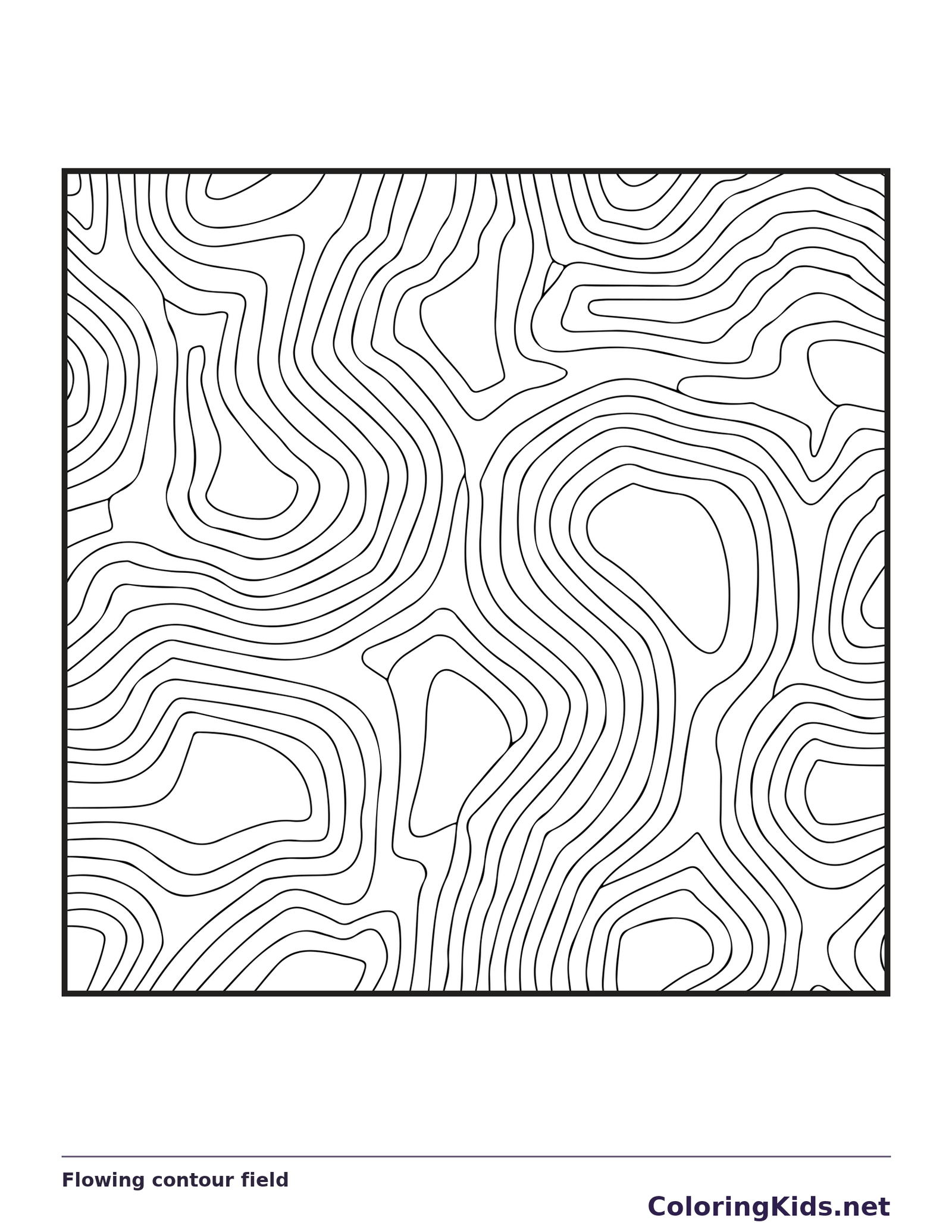 Black and white printable flowing contour field coloring sheet
