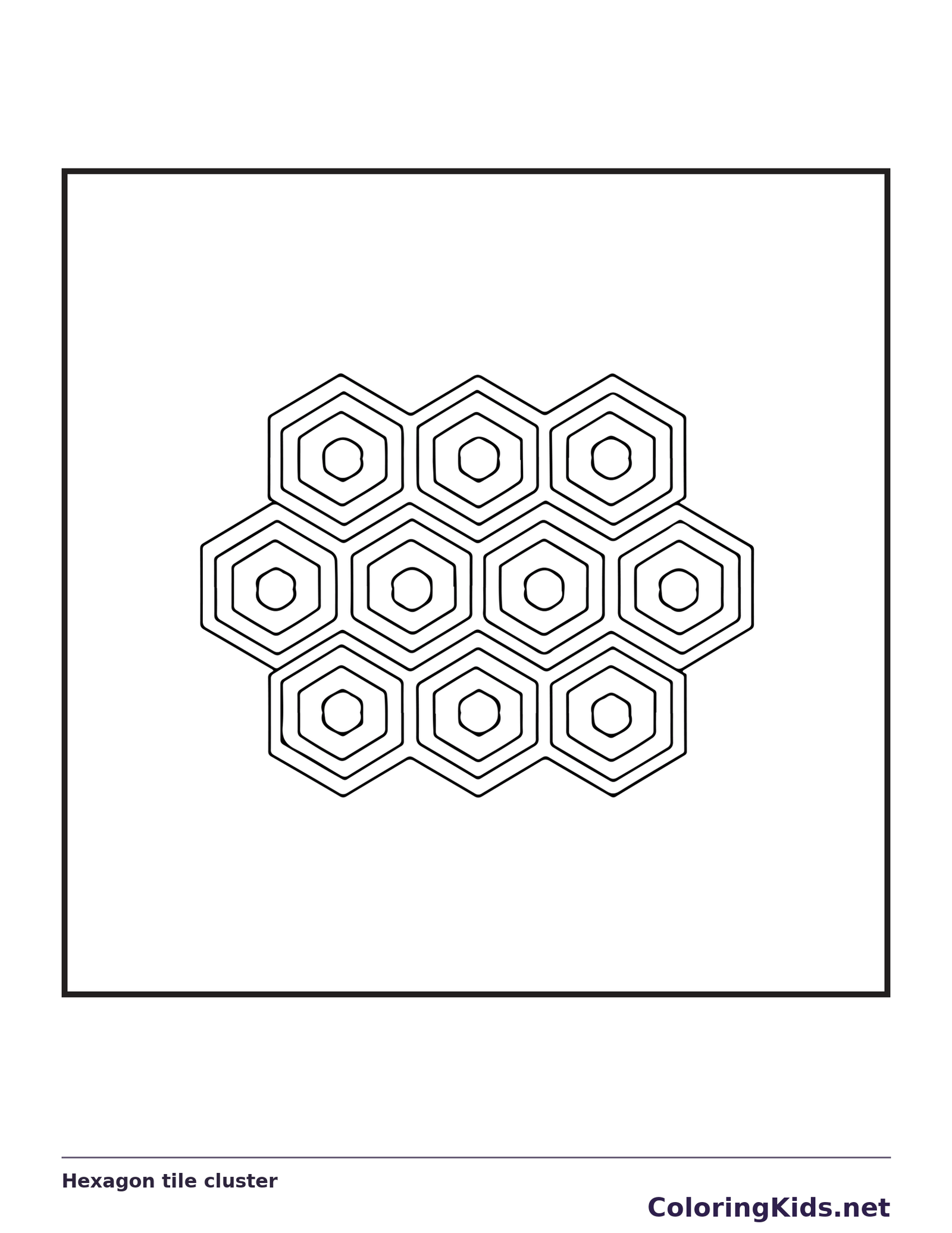 Black and white printable hexagon tile cluster coloring sheet