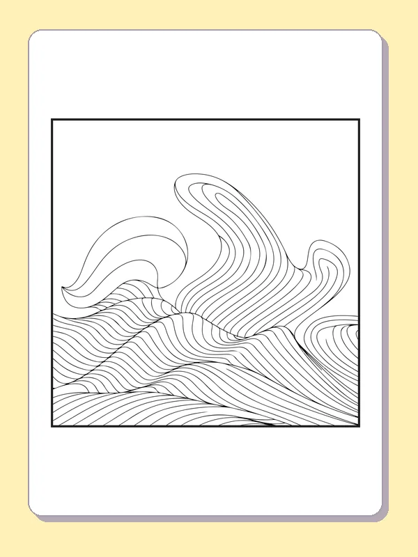 Black and white detailed coloring page of rising wave crests above layered water bands
